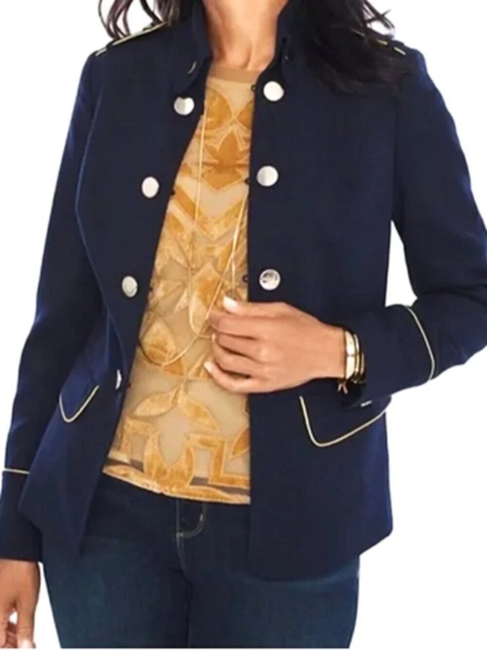 Chico's Navy Gold Trim Military Jacket size 1 NWT